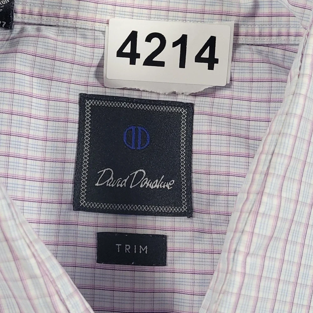 David Donahue Dress Shirt Men 17 34/35 Purple Blue Check Trim Fit Cotton